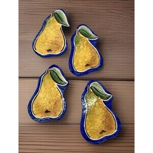 Italian Majolica Ceramic & Cork Pear Shape Drink Coasters Set Of 4 Handcrafted